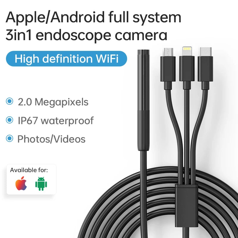 W300-B 3m 3-in-1 Micro / Type-C / Lightning HD Endoscope 8mm 2.0MP Inspection Camera Waterproof Borescope W300-B 3m 3-in-1 Micro / Type-C / Lightning HD Endoscope 8mm 2.0MP Inspection Camera Waterproof Borescope